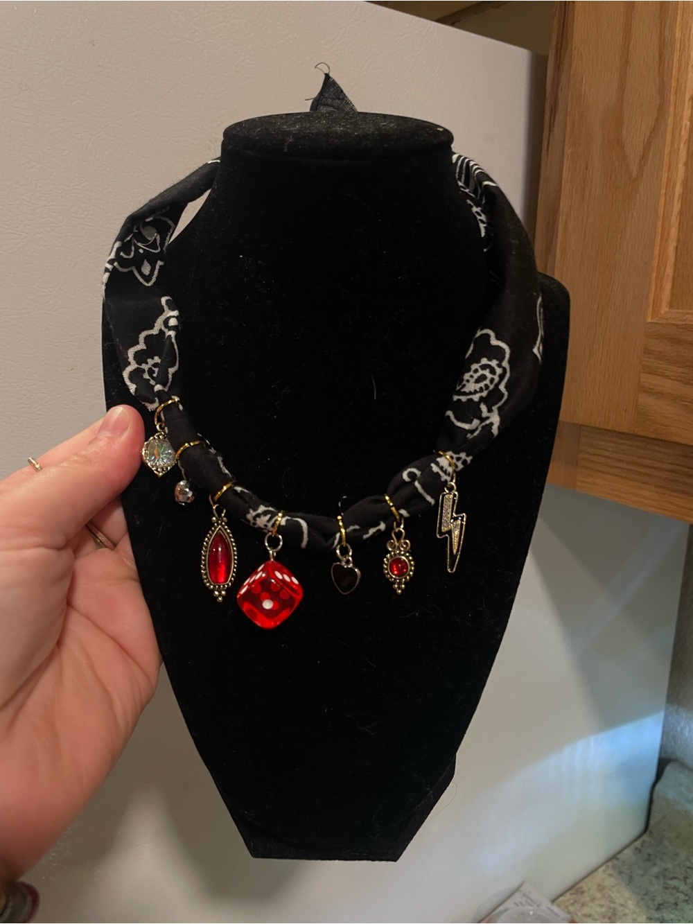 Black Bandana Charm Necklace with Red Accent Charms
